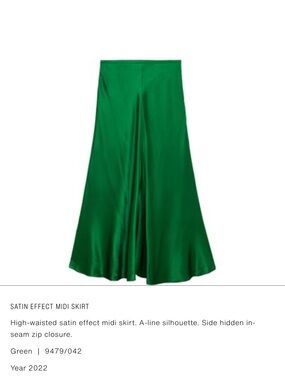 Zara Emerald Satin-Effect A-Line Midi Skirt